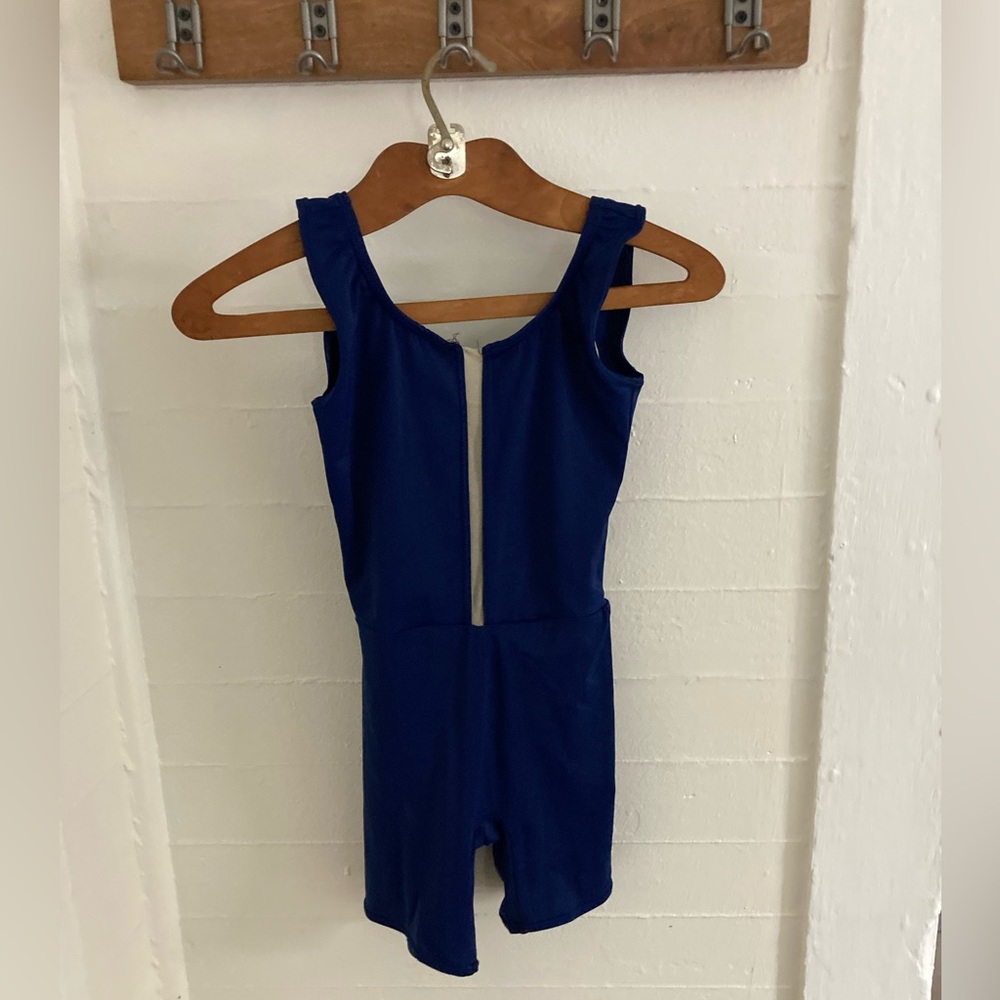 Custom made S-curve biketard. Size M. Navy blue with light nude mesh inserts.